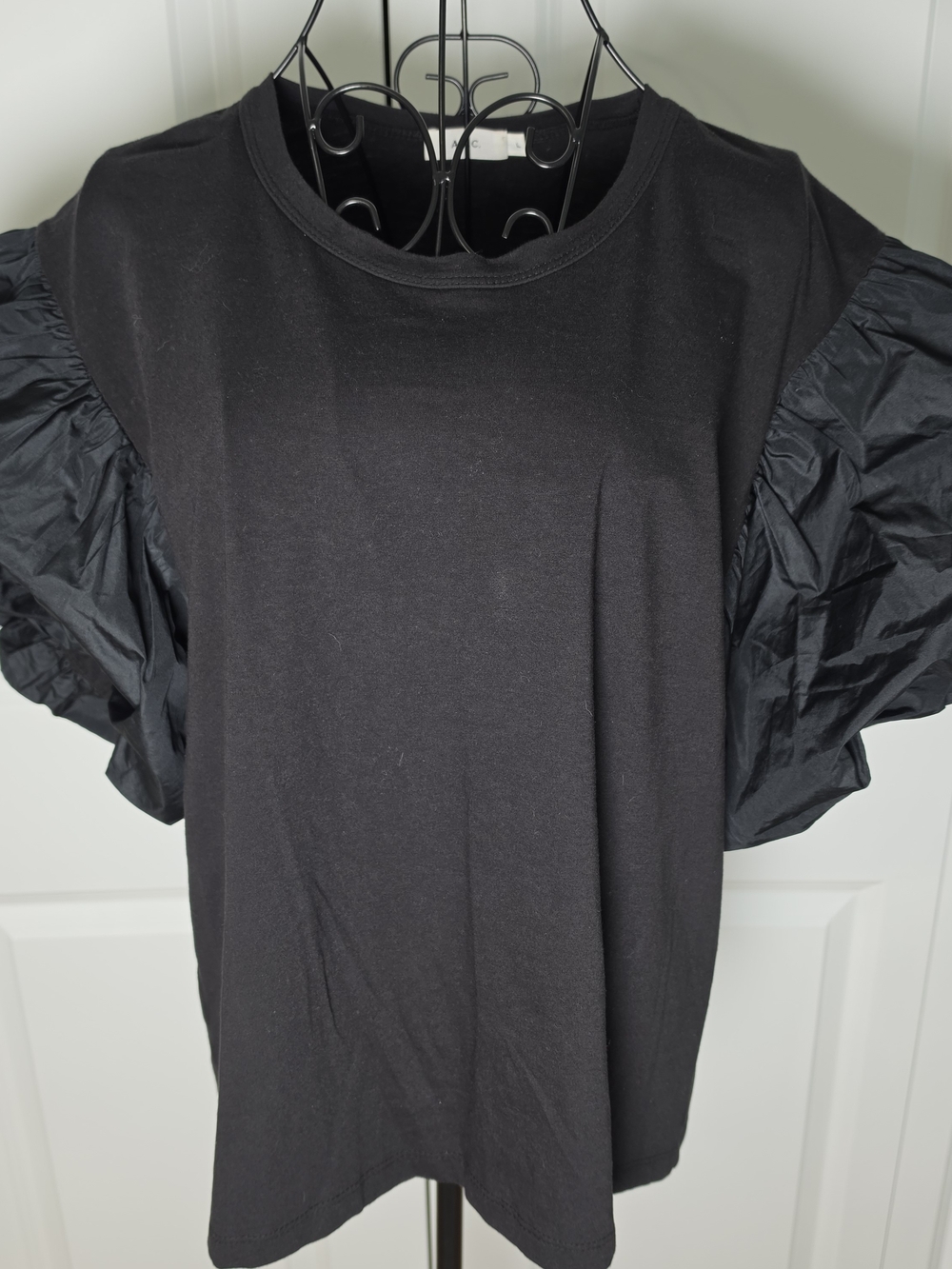 A.L.C. Black Puff Sleeve Balloon Sleeve Mixed Media Top Size Large